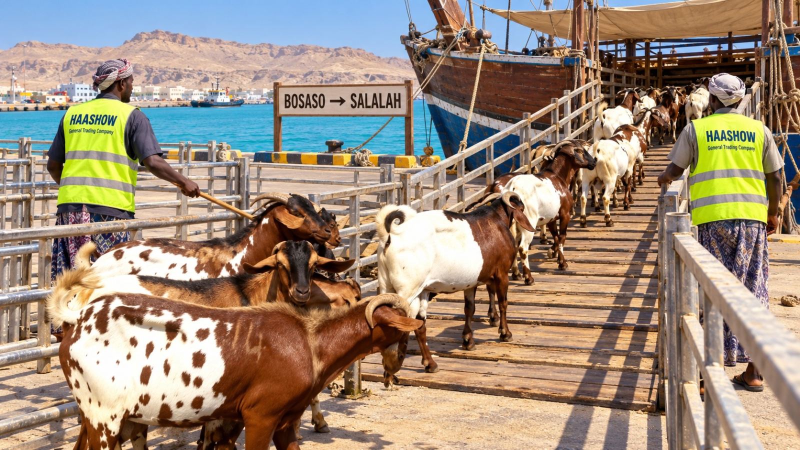AI-edited composite of supplied goats loading onto a dhow at Bosaso for Salalah
